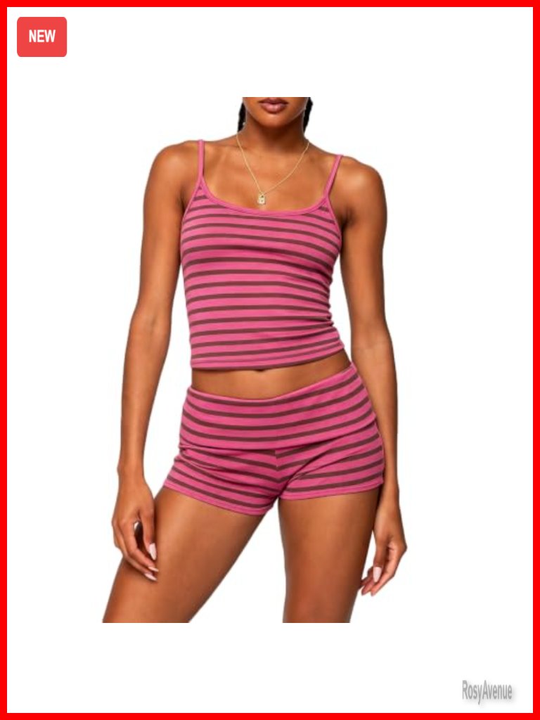 Striped Sleeveless Crop Cami Top Lounge Shorts Pjs 2 Piece Matching Sleepwear